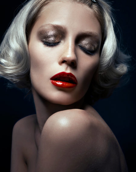 Beauty makeup shot with red lips glitter glamour by chris-singer-chrissinger
