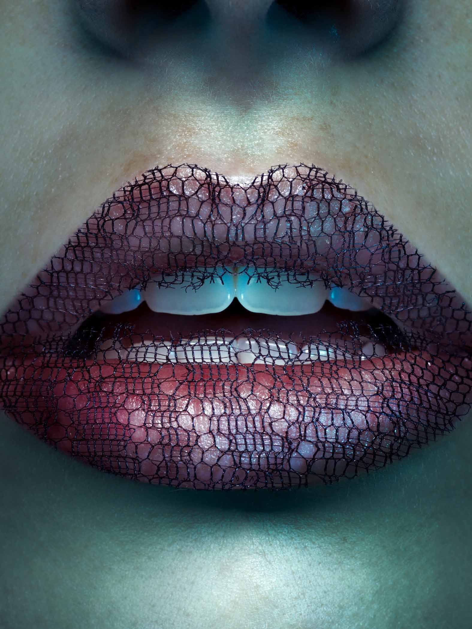 Laced, print sold by by Chris Singer photography Laced lips with fishnet by chrissinger
